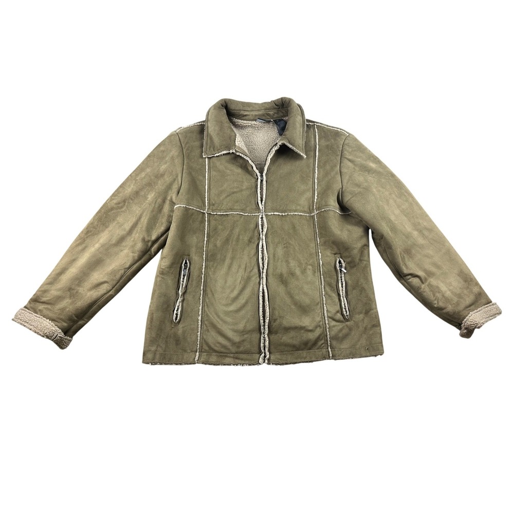 DKNY Active‎ Jacket Women L Beige Tan Sherpa Lined Faux Suede Full Zip Pockets